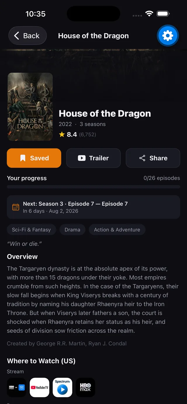 Show details screen with overview, progress, and where to watch